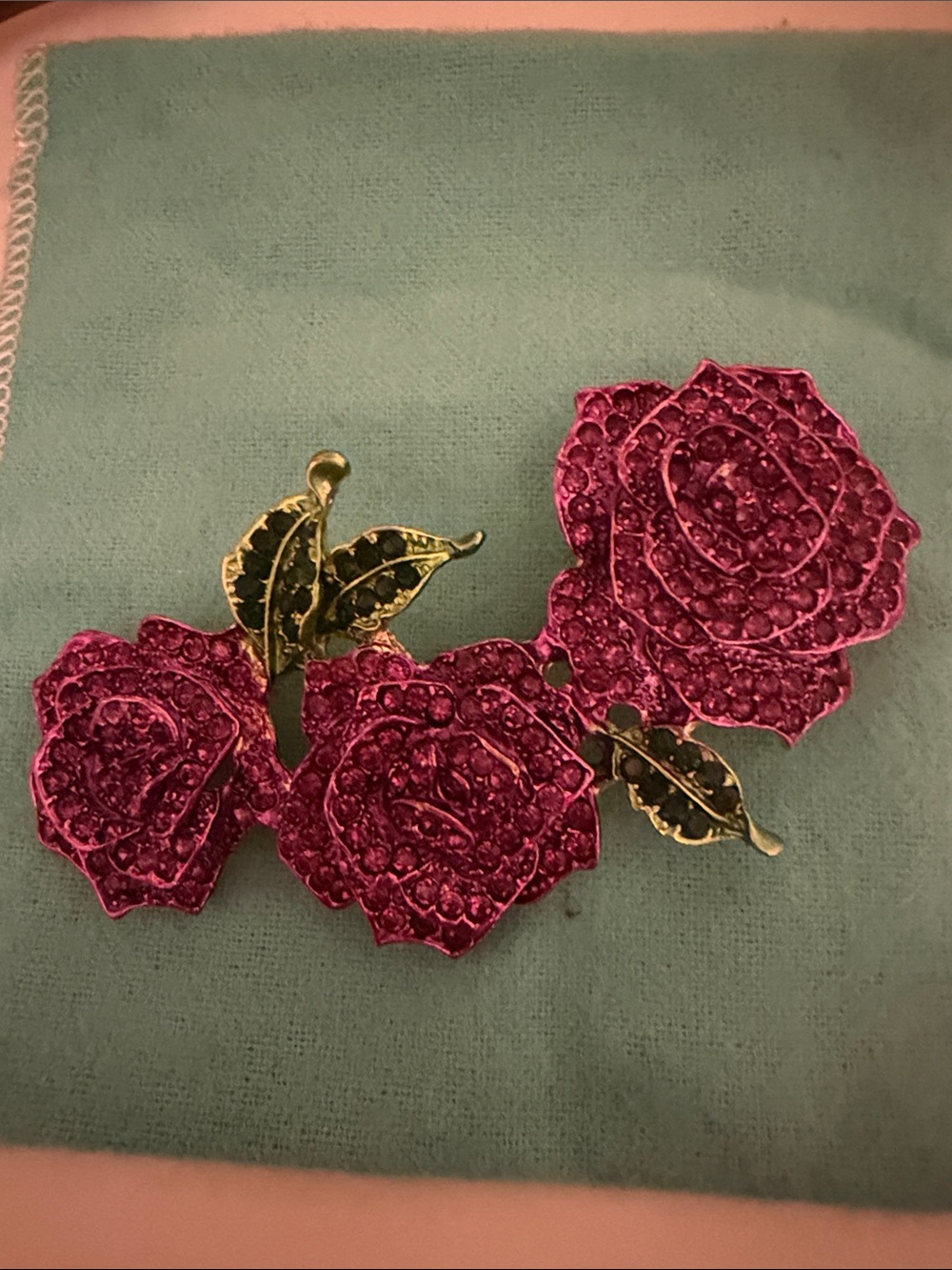 Pink Crystal Rose Cluster Brooch with Gold-Tone Leaves